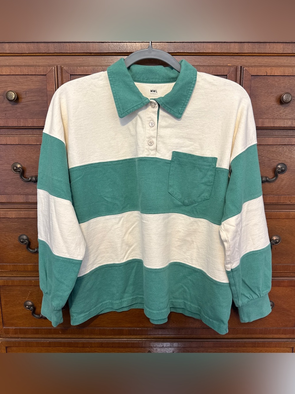 Madewell MWL XXS Green Cream Stripe Rugby Polo Oversized Preppy Coastal Top